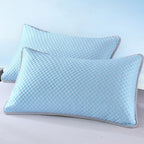 Two blue pillows with a textured pattern on a light background