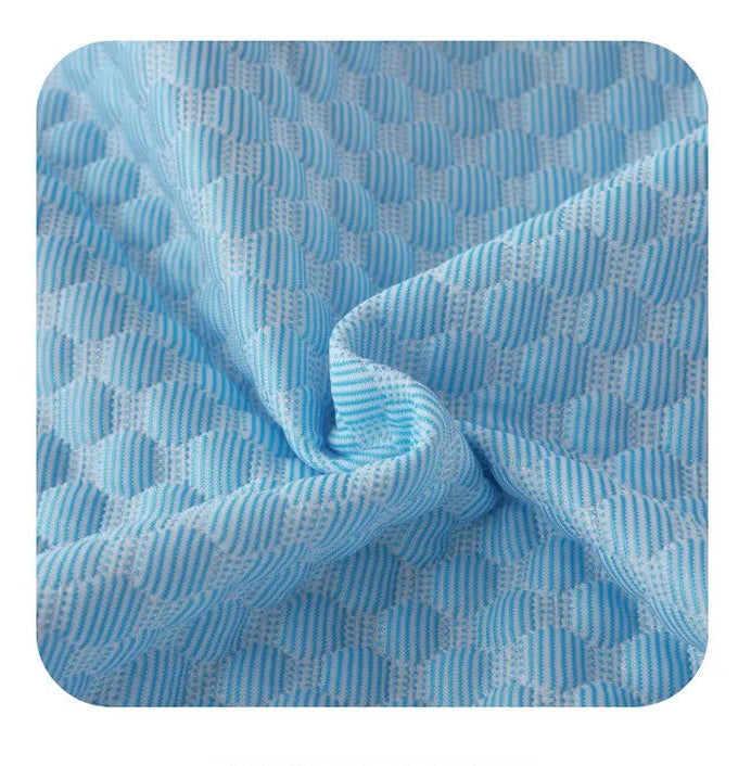 A close-up of a light blue and white textured fabric with a geometric striped pattern, shown with a swirl fold. Below the fabric image is the text 'A cool black technology' on a white background.