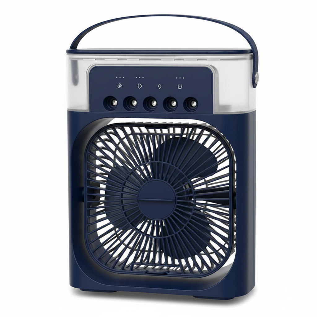 A portable electric fan with a dark navy blue body, a clear top lid, and a built-in carrying handle, shown against a plain white background.