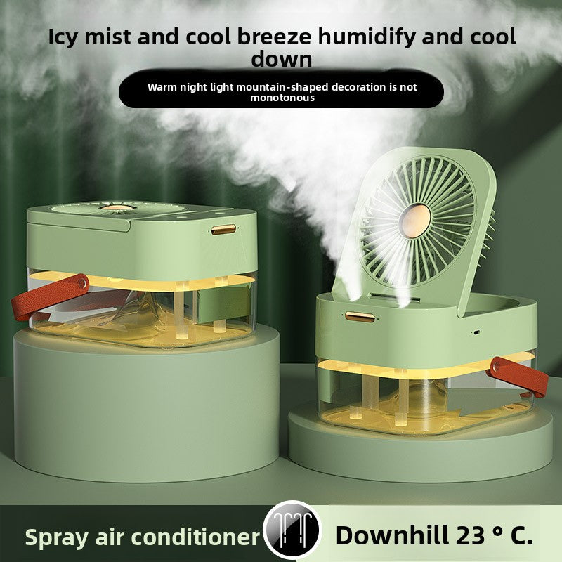 A mint green portable humidifier fan shown in two views: one closed and one open with mist spraying out. The image includes promotional text overlays describing its cooling and humidifying functions.