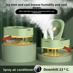 A mint green portable humidifier fan shown in two views: one closed and one open with mist spraying out. The image includes promotional text overlays describing its cooling and humidifying functions.
