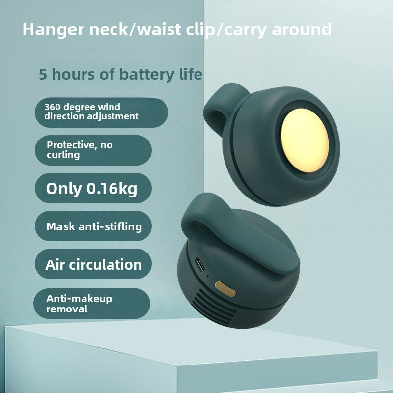 Green hanger neck/waist clip with features listed on a light blue background