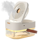 Portable fan with a clear base and brown strap on a white background