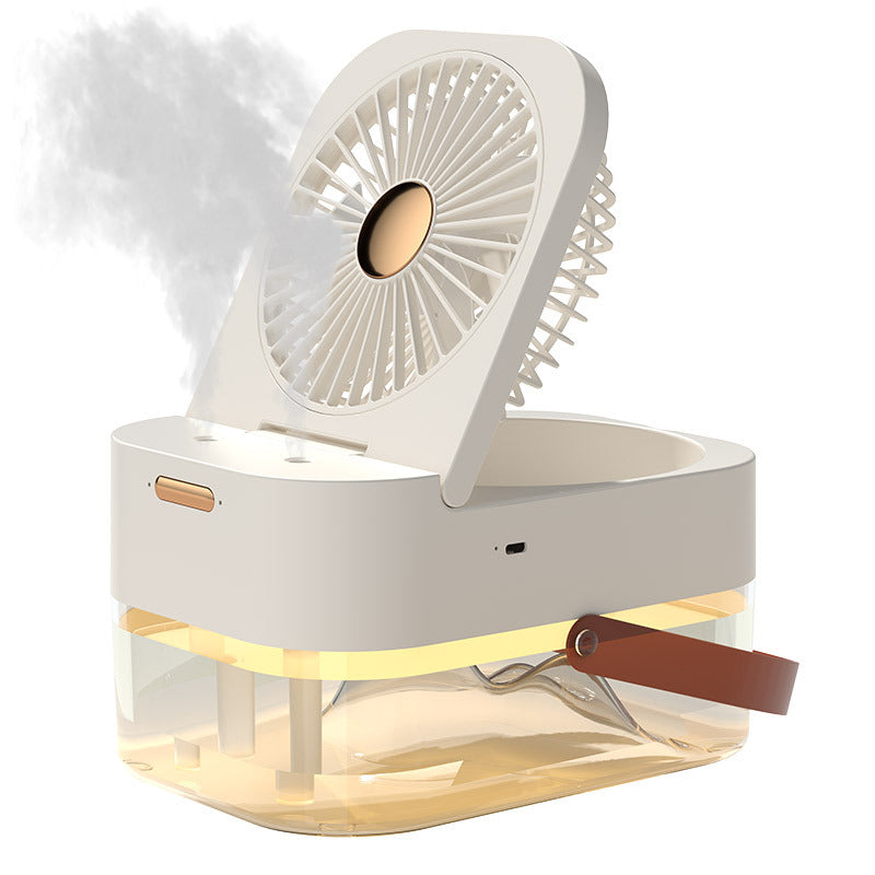 Portable fan with a clear base and brown strap on a white background