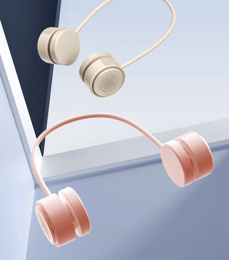 Two pairs of wireless earbuds floating in a clean studio-style scene: one pair is cream/beige and the other is blush pink. Both have thin connecting cords and visible speaker grilles on the earpiece ends.