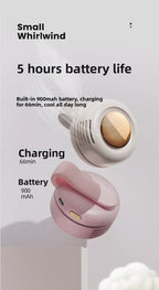 A promotional graphic showing two small handheld cooling fans, one white and one pink, with text highlighting 'Small Whirlwind', '5 hours battery life', 'Charging 66min', and 'Battery 900 mAh'.