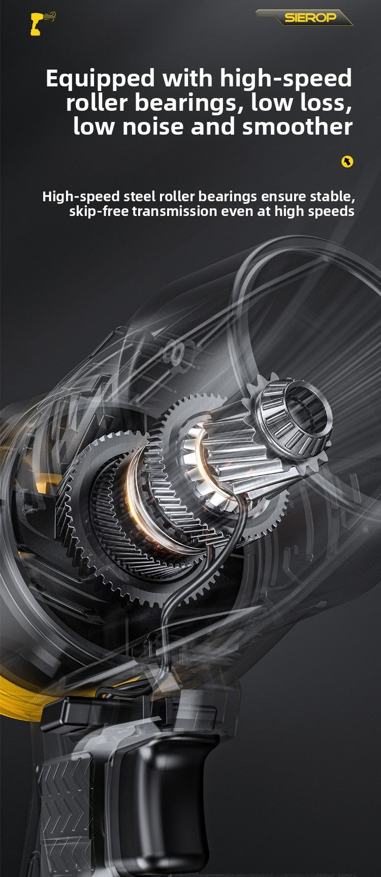 Promotional graphic for a SIEROP power tool, showing a cutaway view of its high-speed steel roller bearing system with text highlighting low noise, low loss, and smooth high-speed operation.