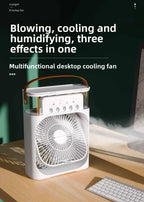 A white multifunctional desktop cooling fan with a transparent top cover and a brown handle, shown on a wooden desk with text overlays describing its cooling, humidifying, and blowing effects.