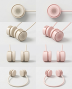 Six pairs of wired in-ear headphones arranged in a 3x2 grid, showing both front and side views. The top row features light beige/cream versions, and the bottom row features light pink versions, all photographed on a clean, light gray background.