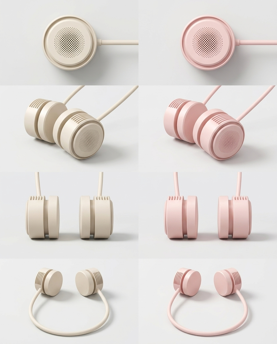 Six pairs of wired in-ear headphones arranged in a 3x2 grid, showing both front and side views. The top row features light beige/cream versions, and the bottom row features light pink versions, all photographed on a clean, light gray background.