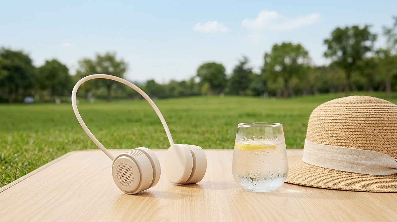 A pair of wireless over-ear headphones in a light beige color sits on a wooden table outdoors, next to a glass of water with a lemon slice and a straw sun hat, with a blurred green park in the background.