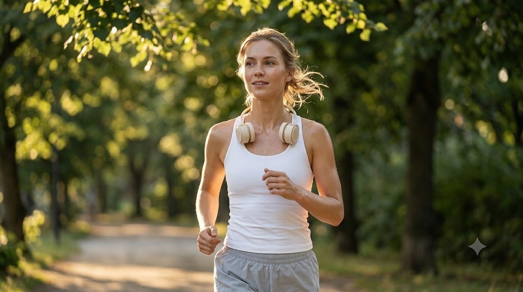 A woman jogging outdoors on a tree-lined path, wearing a white tank top, light gray running shorts, and beige over-ear headphones around her neck.