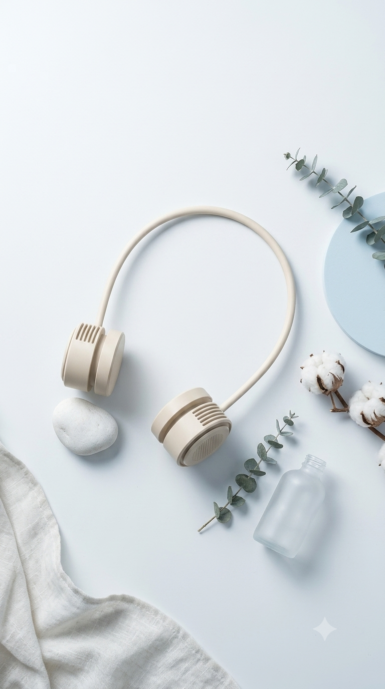 A pair of minimalist beige wireless headphones with a curved cord, styled in a flat-lay arrangement with a white stone, a small glass bottle, cotton bolls, and greenery on a light blue background.