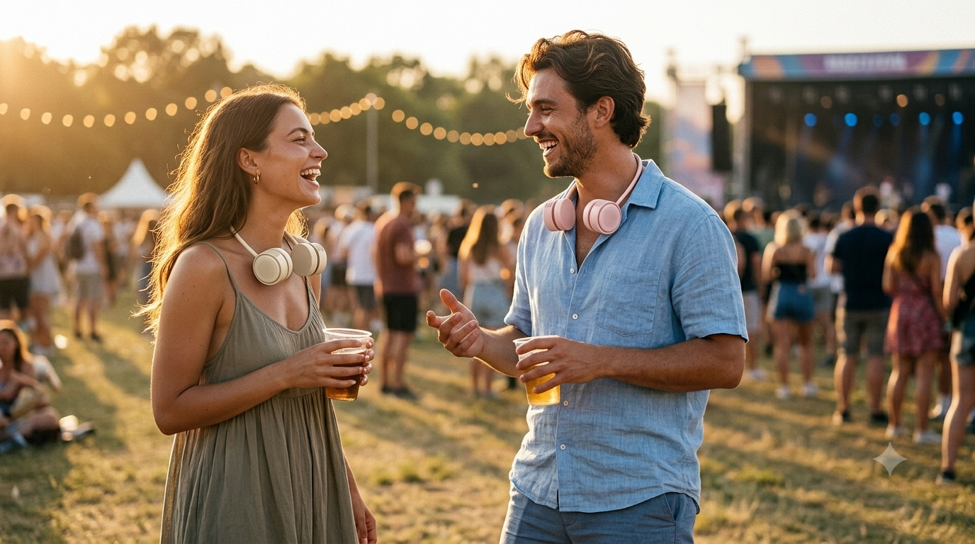 A smiling woman in a sleeveless olive dress and a man in a light blue button-up shirt stand at an outdoor festival at sunset, both holding drinks and wearing pink headphones around their necks, with a crowd and stage in the background.