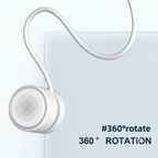 A white neckband-style wireless earbud with a curved flexible cord, shown against a pale blue and white background with text reading '#360°rotate' and '360° ROTATION'.