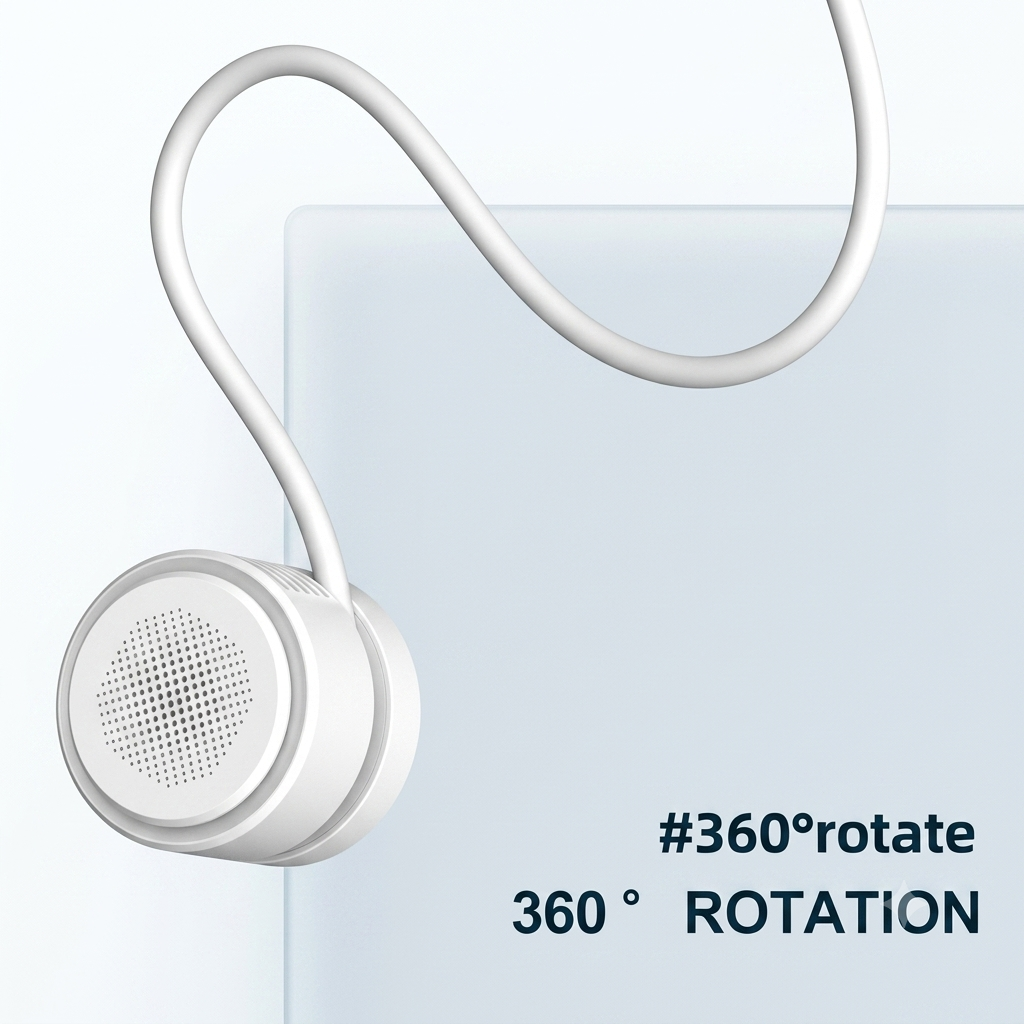 A white neckband-style wireless earbud with a curved flexible cord, shown against a pale blue and white background with text reading '#360°rotate' and '360° ROTATION'.