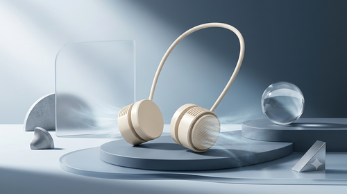 A pair of wireless over-ear headphones in a light beige or cream color, displayed on a modern, multi-tiered gray pedestal with abstract geometric props in a studio setting.