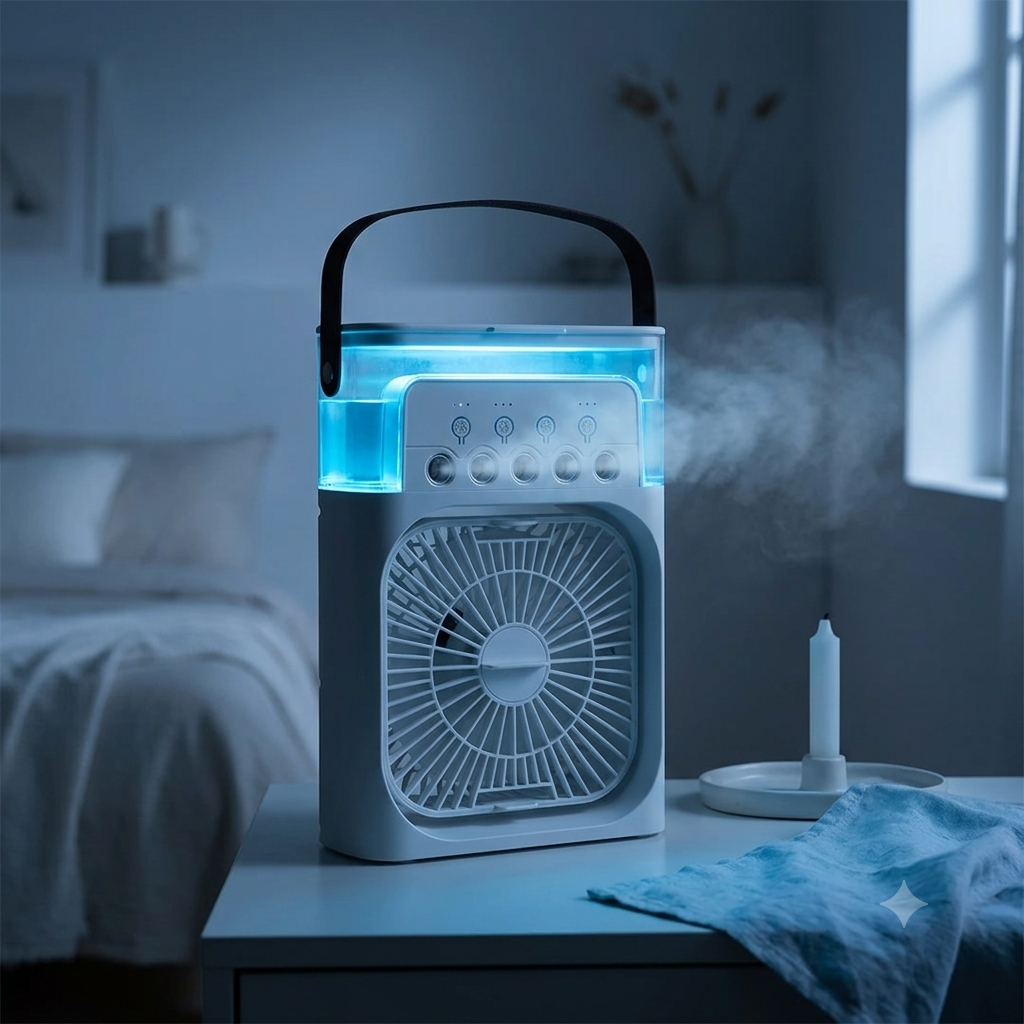 A portable electric fan and humidifier combo device with a handle, shown glowing with blue LED lights in a bedroom setting. Steam is visibly emitting from the top, with a bed and window in the background.