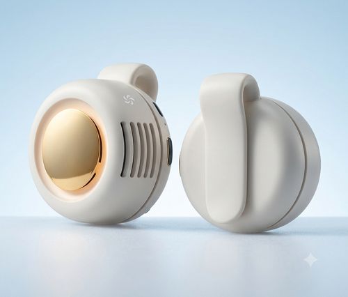 Two views of a compact, round personal fan or heat pump device in a warm off-white color, featuring a prominent gold circular front grille and a side vent design, set against a soft light blue gradient background.
