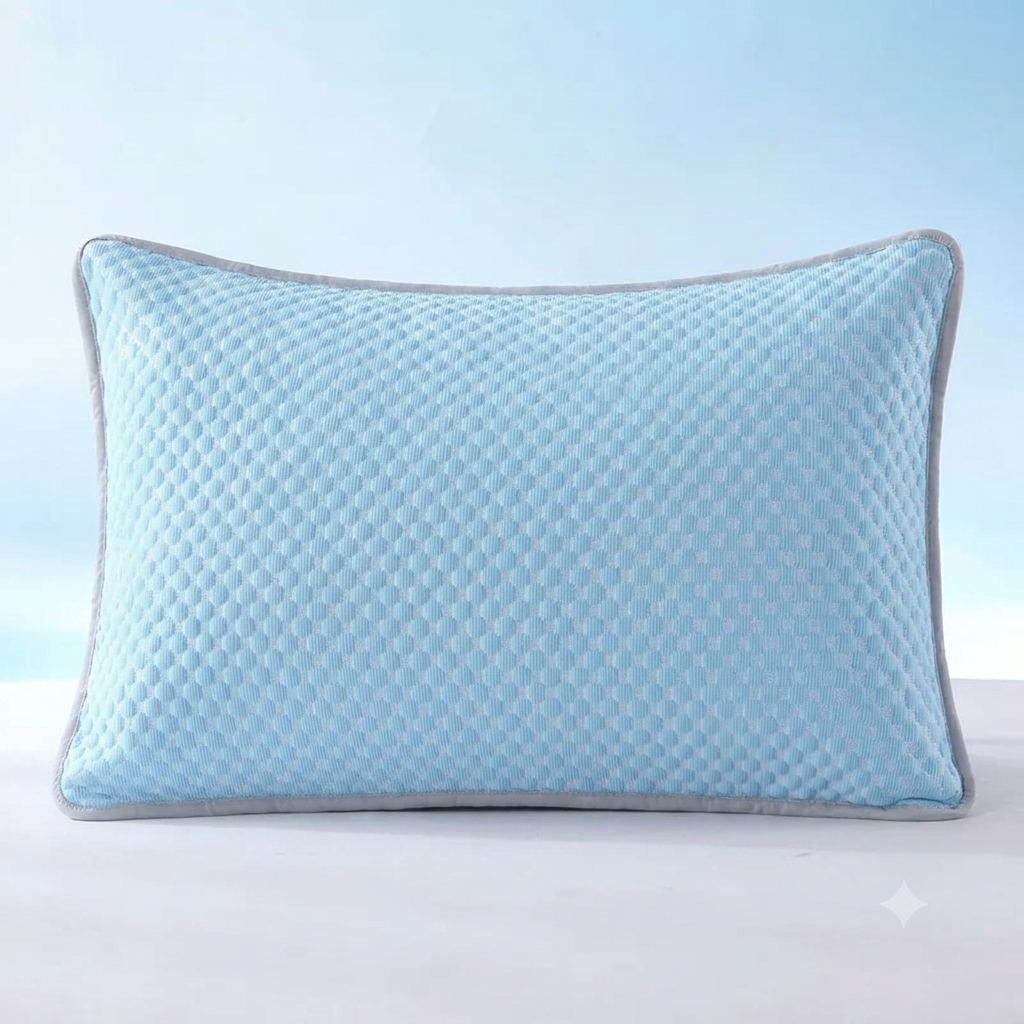 A light blue rectangular pillow with a textured diamond-patterned center and a gray border, shown against a soft light blue gradient background.