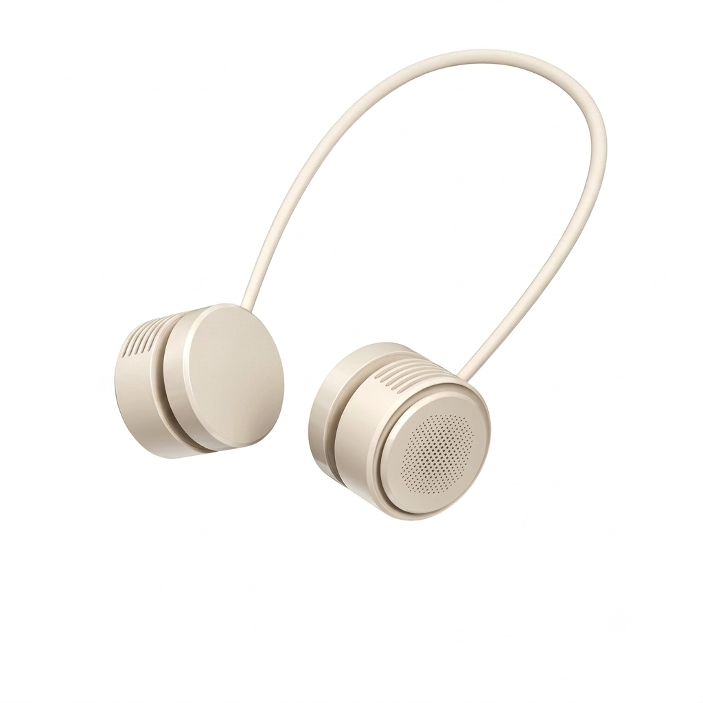 Beige wireless sport earbuds with a flexible connecting band, shown on a solid white background.