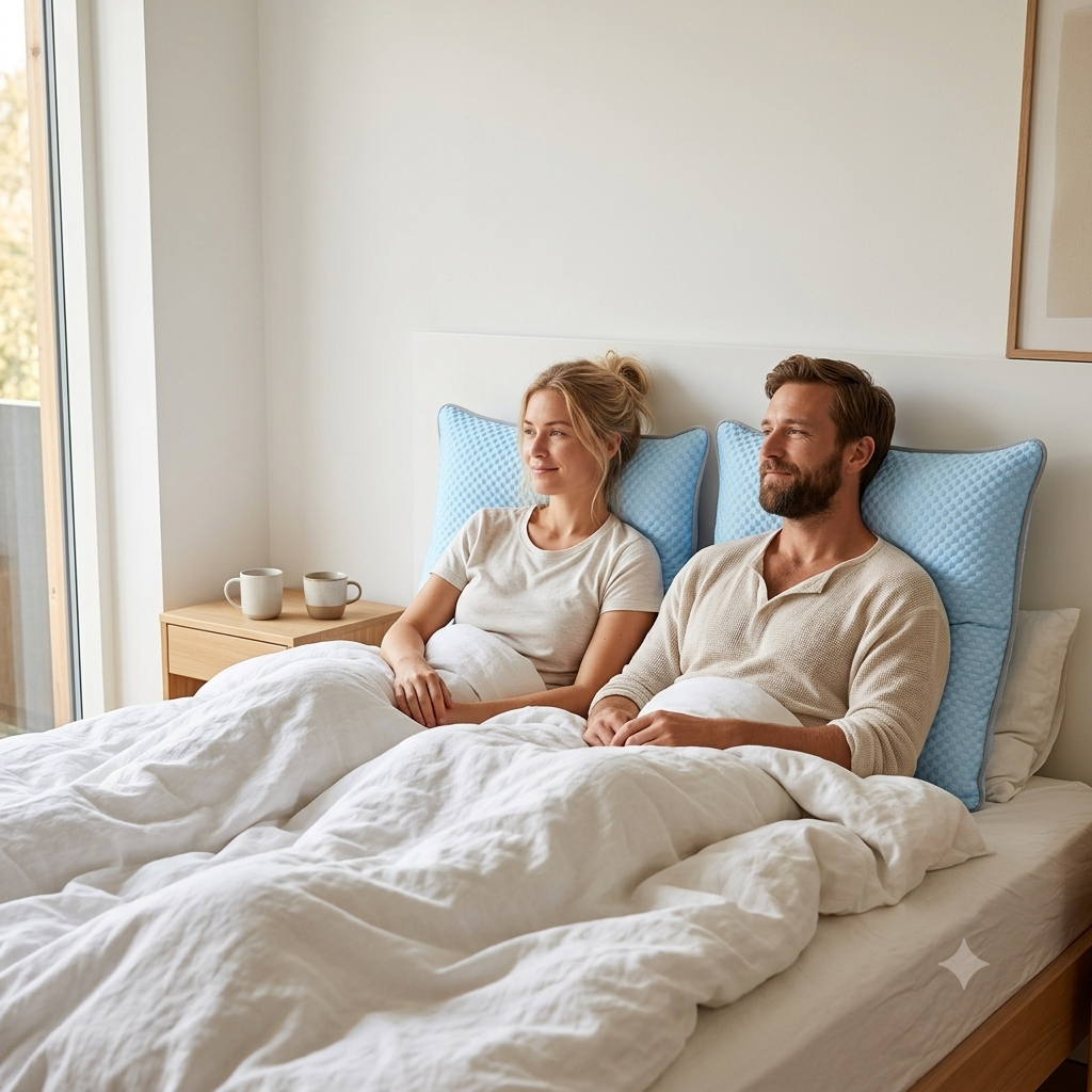 A man and a woman relax in bed under white duvet covers, with light blue textured pillows behind them in a bright bedroom setting.