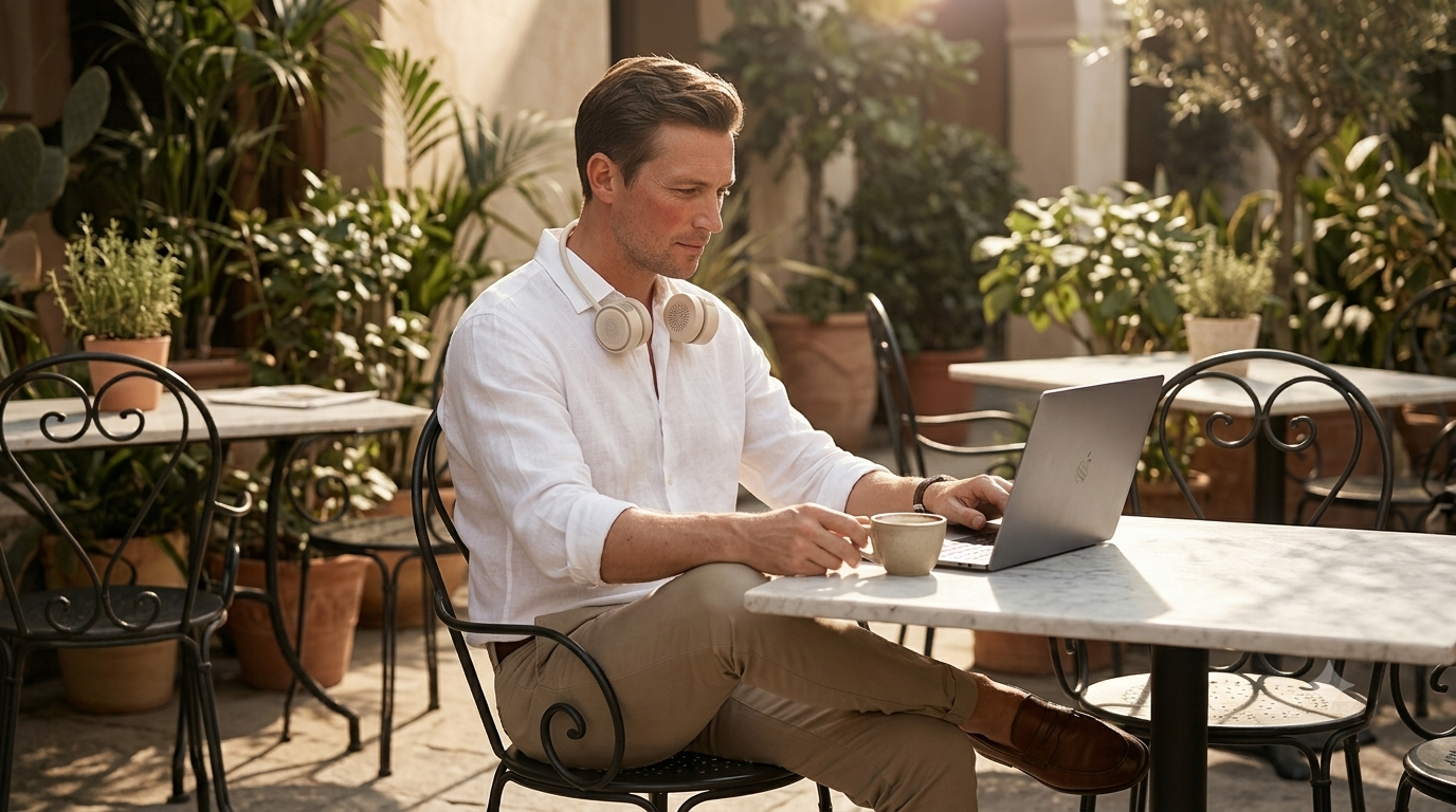 A man sits at an outdoor patio table using a laptop and holding a cup, wearing a white button-up shirt, beige pants, and white headphones around his neck.
