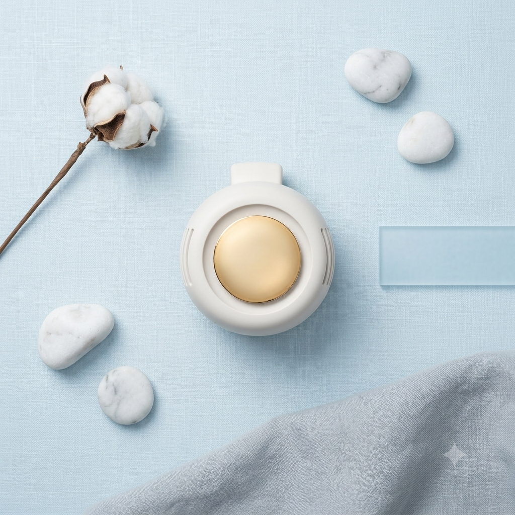 A round white cosmetic compact with a gold-toned circular button, styled in a flat lay on a light blue textured background with cotton stems, marble stones, and a folded gray cloth.