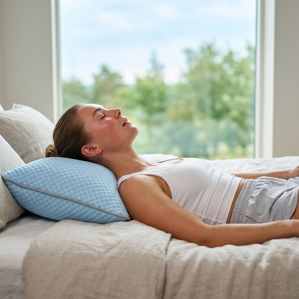 A woman lies on a bed with her eyes closed, resting on a light blue textured pillow. The scene is set in a bright bedroom with a large window showing green trees outside.