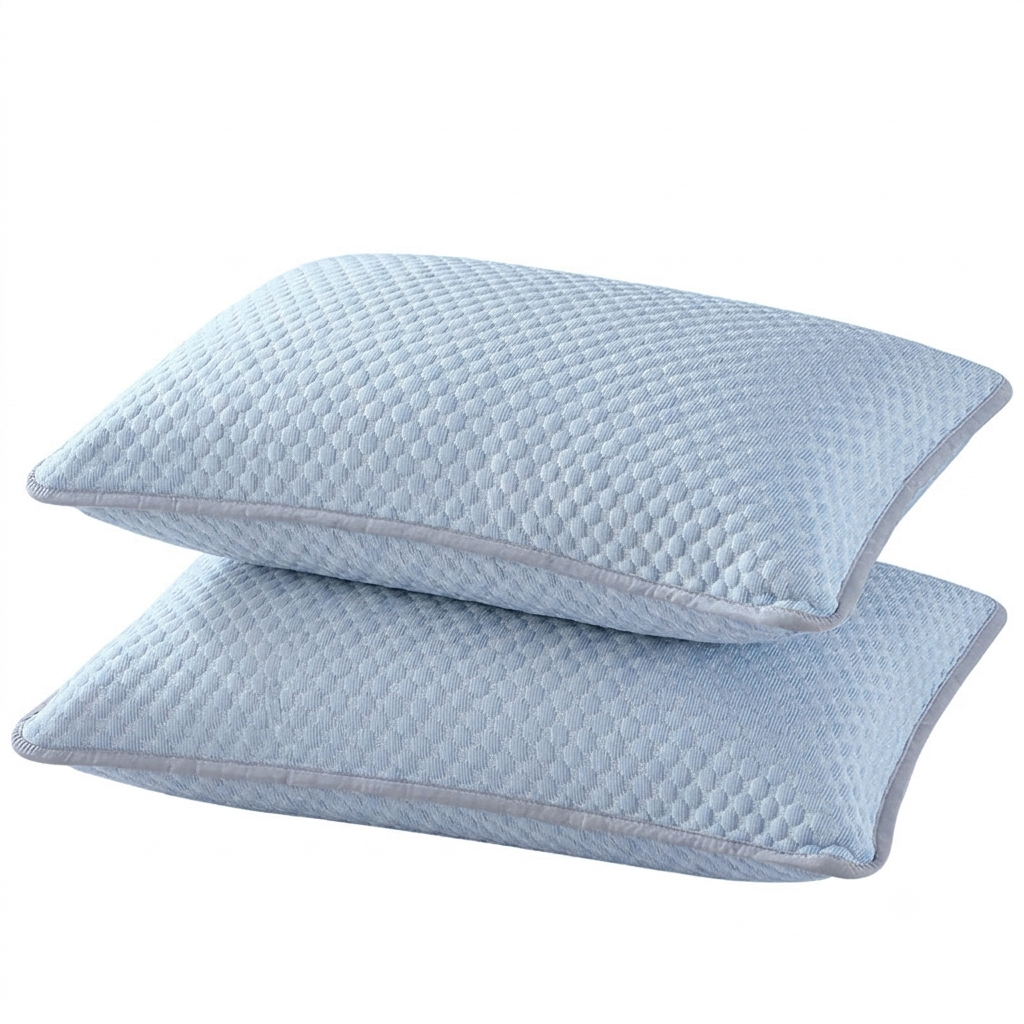 Two light blue textured pillows stacked on a white background.