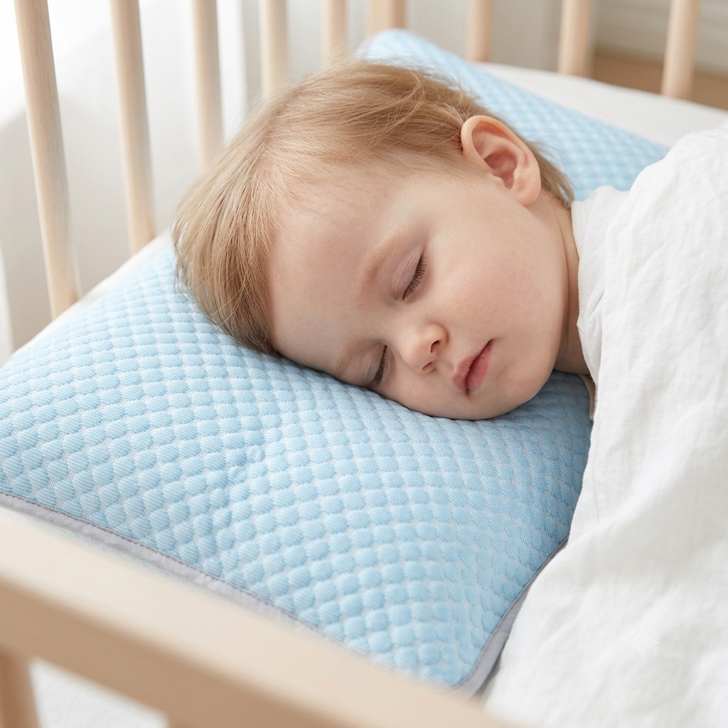 A sleeping baby resting on a light blue textured pillow inside a wooden crib, wrapped in a white blanket.