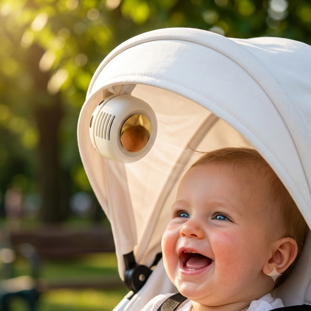 A close-up lifestyle shot of a smiling baby in a white stroller canopy, with a small white and gold speaker mounted on the side of the canopy.
