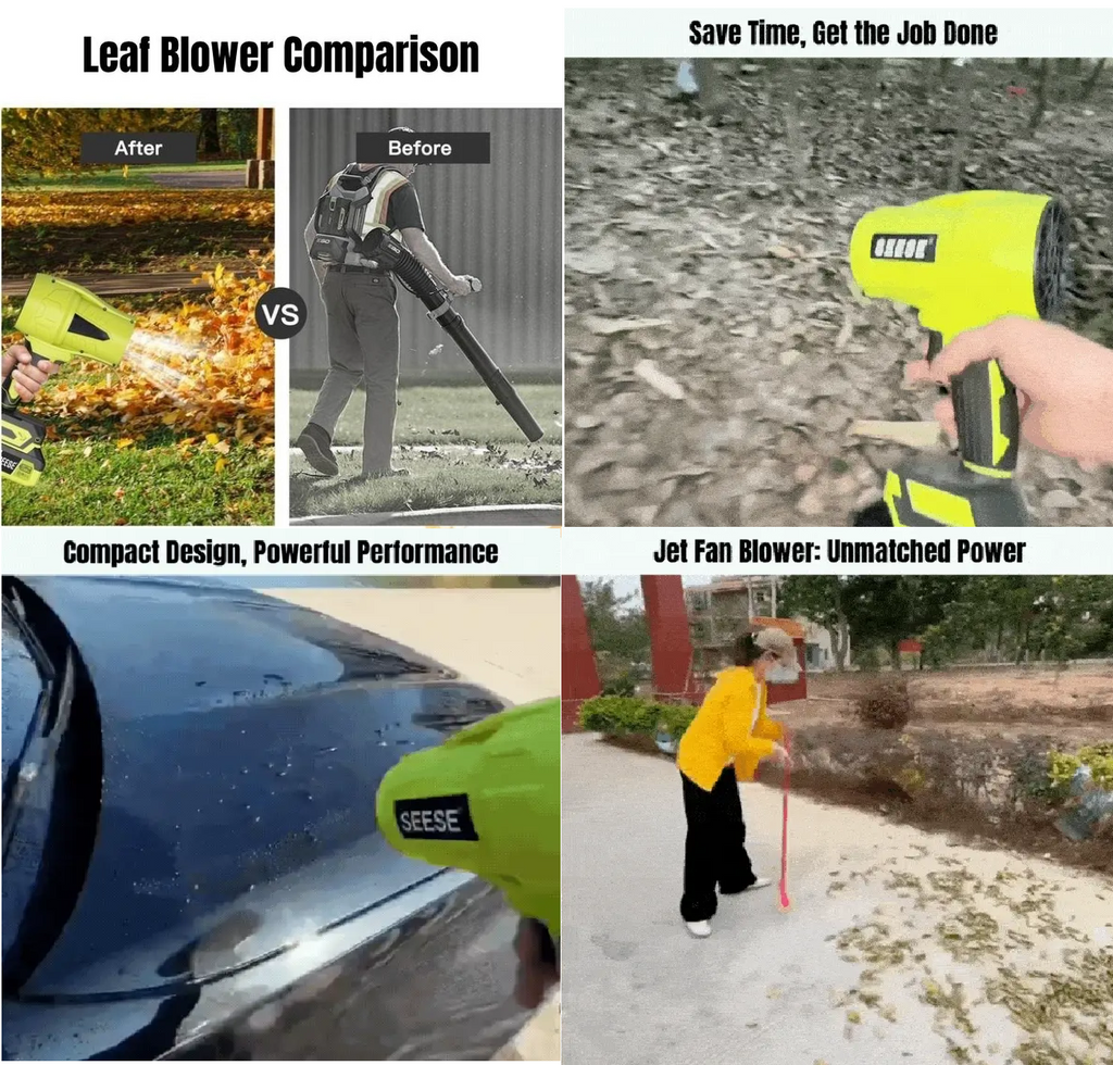 A 4-panel promotional comparison graphic for a leaf blower. The top-left panel shows an 'After' and 'Before' comparison with a person using the leaf blower outdoors.