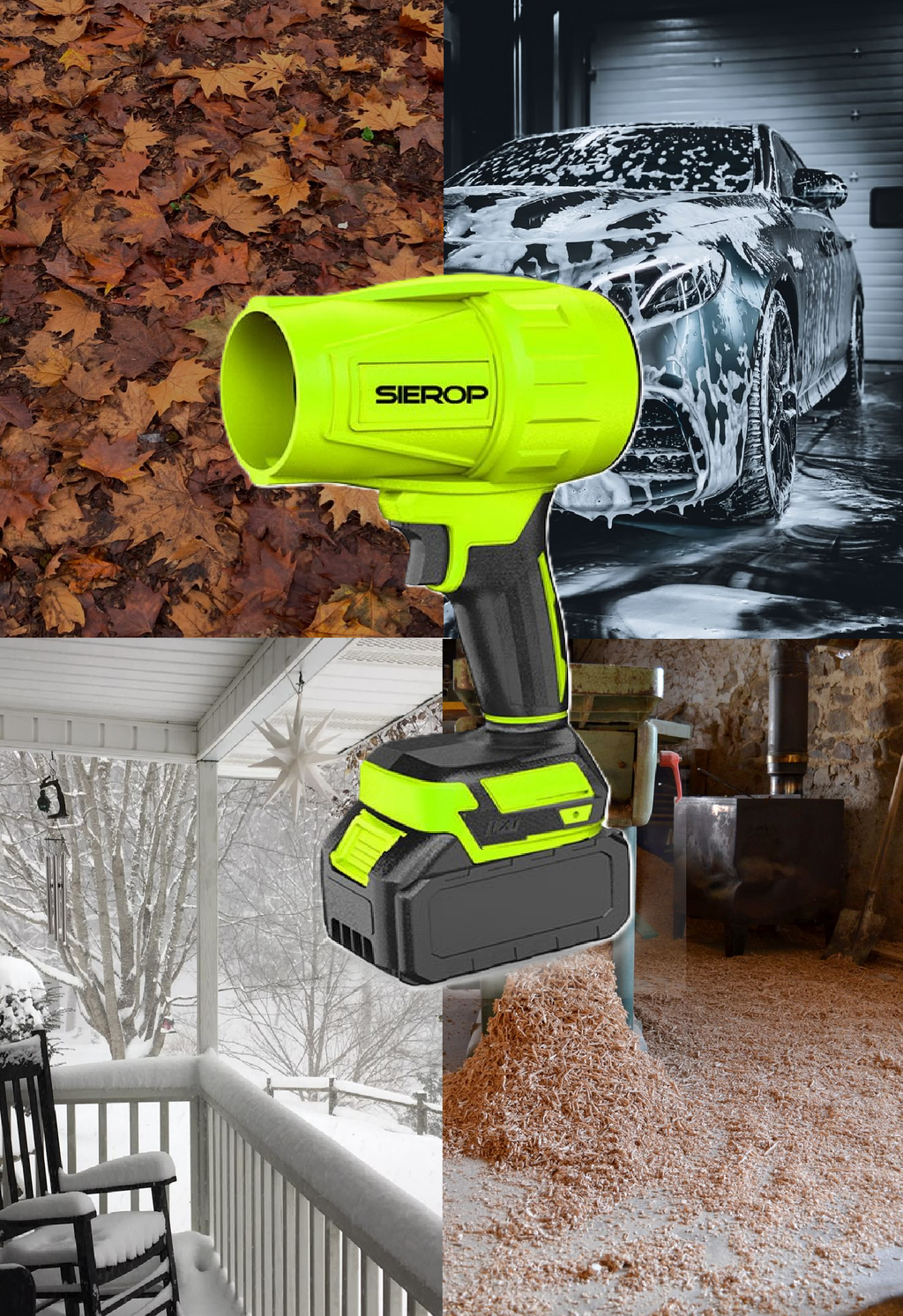 A cordless leaf blower attachment by Sierop is shown over a four-panel collage of outdoor and garage scenes, including fallen leaves, a car being washed, a snowy porch, and a driveway covered in leaves.