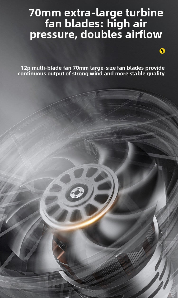 Promotional graphic for 70mm extra-large turbine fan blades, showing a close-up of the fan with overlaid marketing text about high air pressure and doubled airflow.
