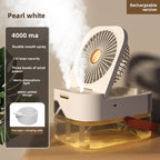 A rechargeable double-mouth spray fan and humidifier in pearl white, shown with mist emitting from the mouth. The product features a white plastic fan housing, a white main body, a clear water reservoir with a golden-yellow liquid level, a gold USB-C charging port, and a brown leather strap.