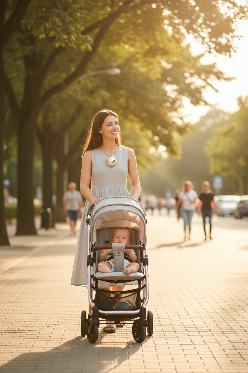 A woman in a light gray dress pushes a stroller with a baby inside along a sunlit tree-lined path.