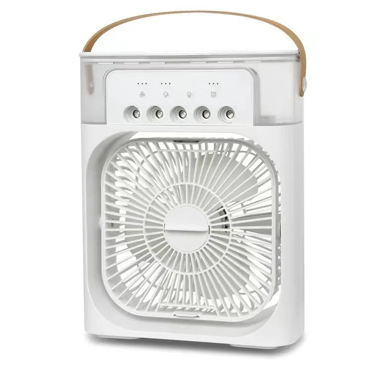 Portable fan with a clear cover and wooden handle on a white background