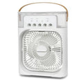 Portable fan with a clear cover and wooden handle on a white background