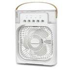 Portable fan with a clear cover and wooden handle on a white background