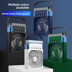Portable fans in white, black, blue, and green on a dark blue background with text indicating color availability.