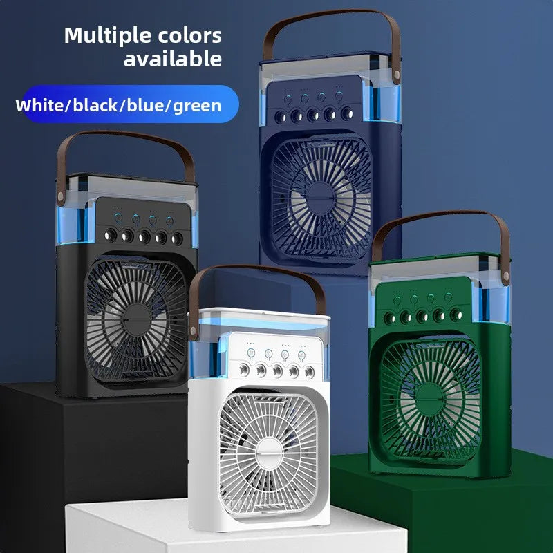 Portable fans in white, black, blue, and green on a dark blue background with text indicating color availability.