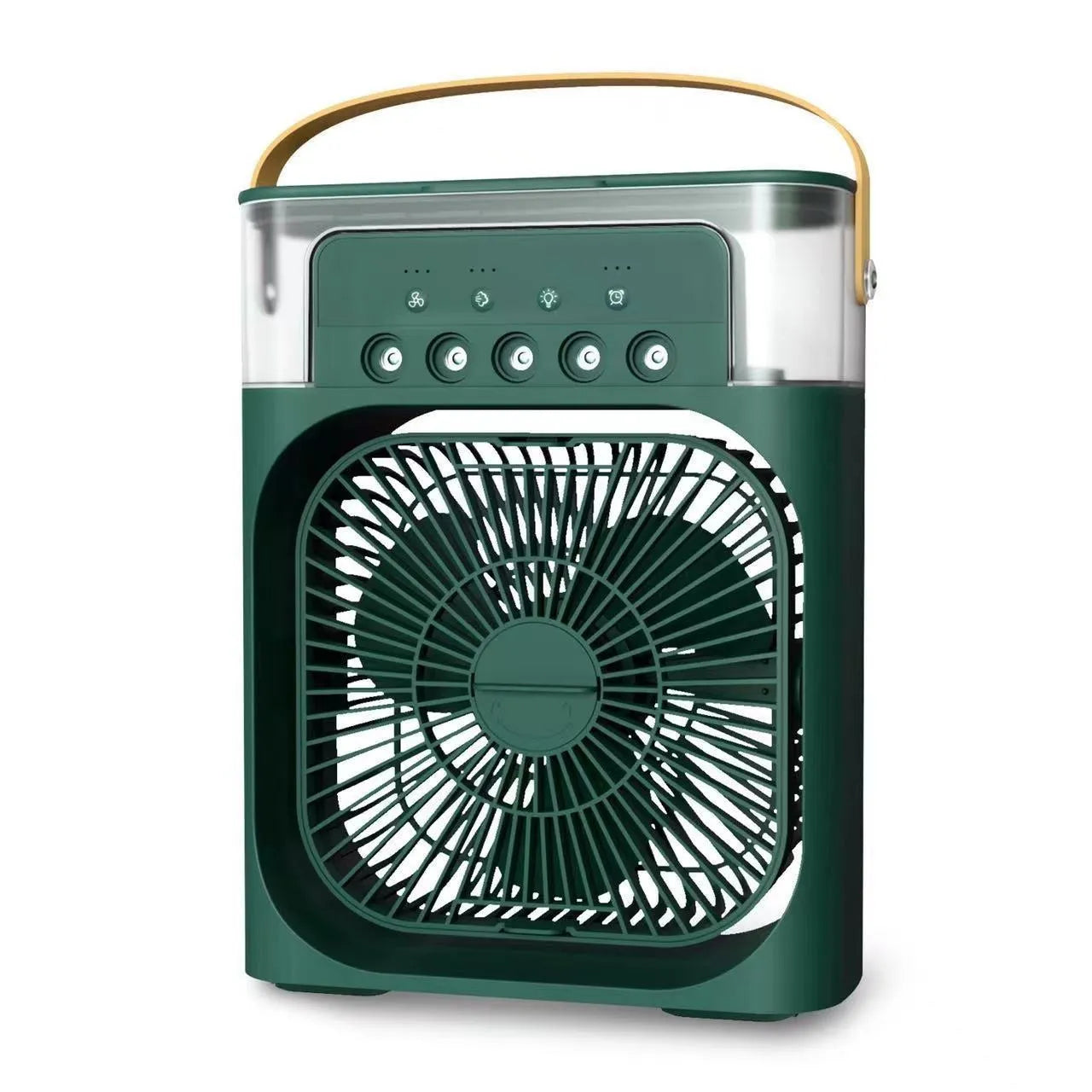 Green portable fan with a handle on a white background