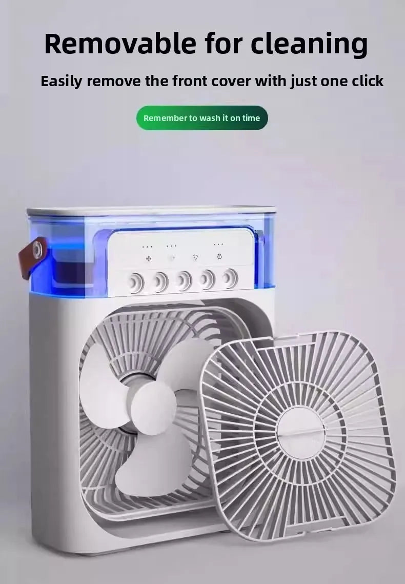 A compact white portable fan with a transparent top and blue light glow, shown with a removable front cover beside it. Text at the top says it is removable for cleaning and easy to open, with a small green reminder badge.