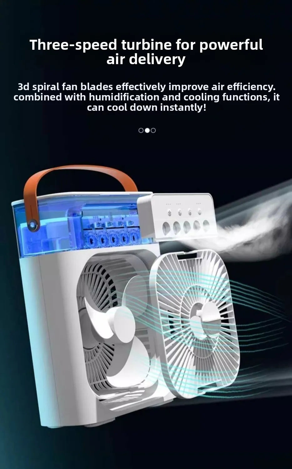 Portable air conditioner with text on a dark background