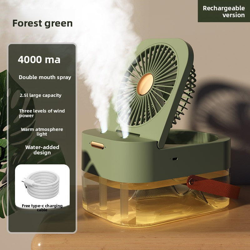 A forest green portable mini fan humidifier with misting function, shown on a wooden surface with a dark gray product info panel on the left and text overlays including 'Forest green', '4000 ma', and 'Rechargeable version'.