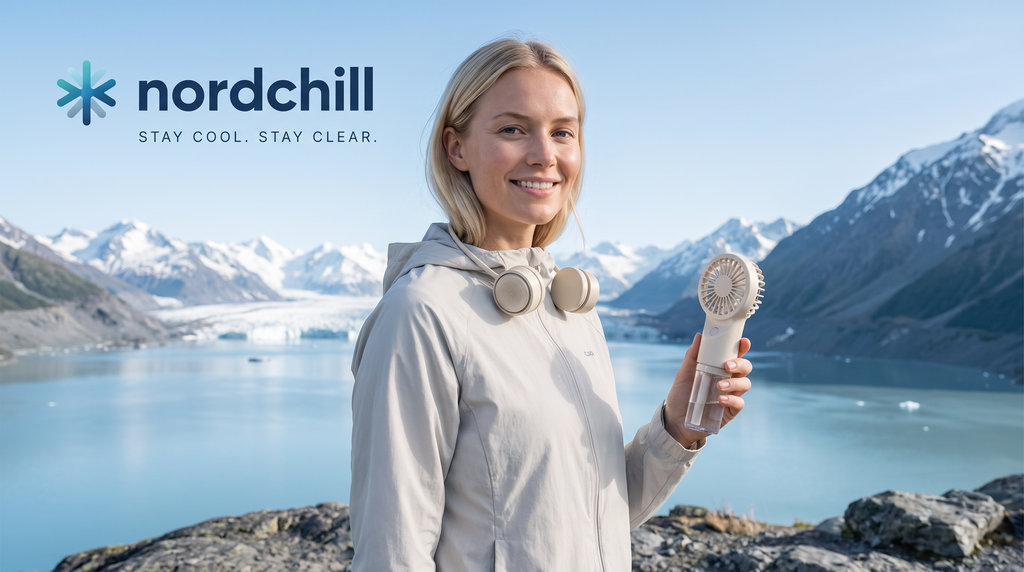 A woman stands outdoors in front of snowy mountains and a blue lake, holding a small white Nordchill personal fan. She wears a light beige hooded jacket, and the Nordchill logo appears in the upper left with the slogan 'STAY COOL.