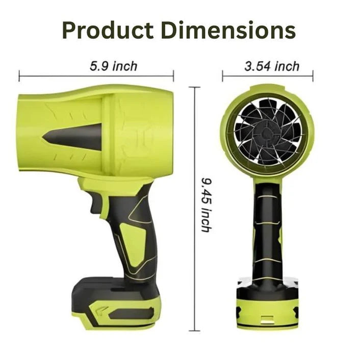 Product dimensions diagram showing a cordless handheld fan from two angles, labeled 5.9 inch width, 3.